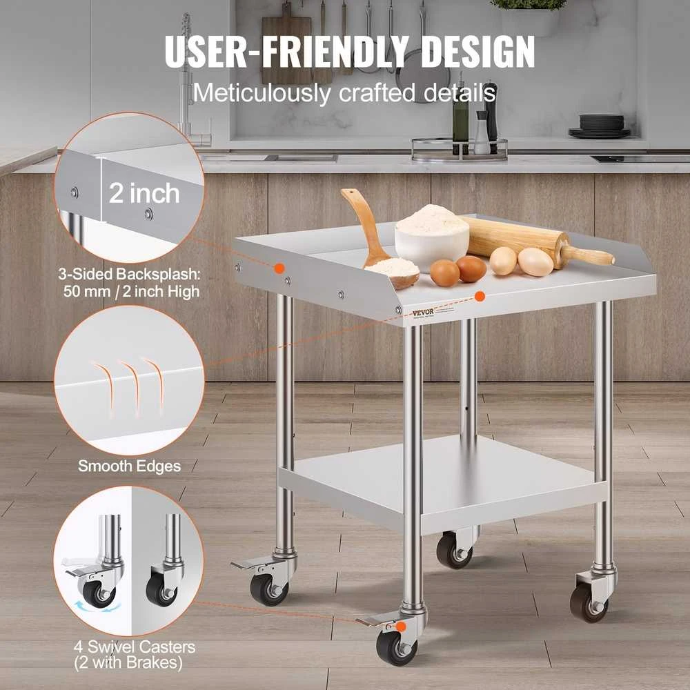 Nerūdijančio plieno darbo stalas 610x610 mm su ratukais, komercinis maisto ruošimo stalas, metalinis restorano stalas, virtuvės stalas, gamybos stalas