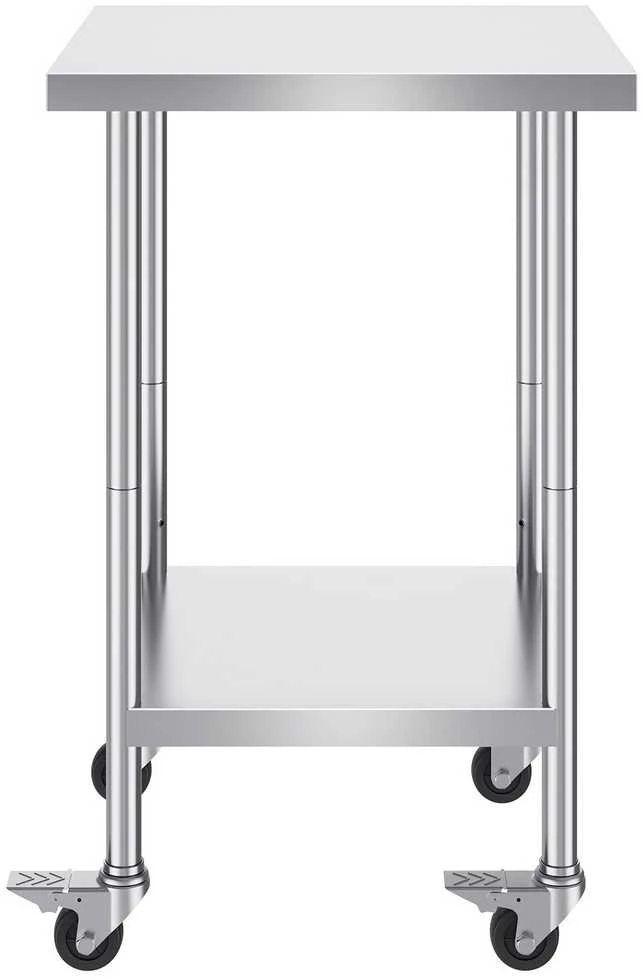 Nerūdijančio plieno darbo stalas 61x61 cm, reguliuojamas aukštis, su ratukais, komercinis maisto ruošimo stalas, virtuvės darbastalis, nerūdijančio plieno stalviršis, mobilus stalas
