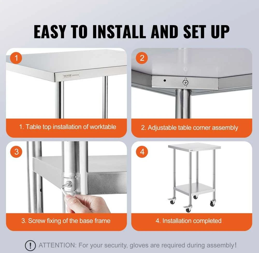 Nerūdijančio plieno darbo stalas 61x61 cm, reguliuojamas aukštis, su ratukais, komercinis maisto ruošimo stalas, virtuvės darbastalis, nerūdijančio plieno stalviršis, mobilus stalas