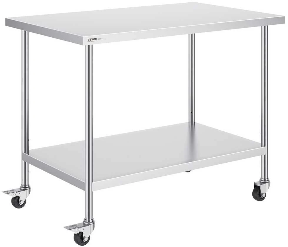 Nerūdijančio plieno darbo stalas 76.2 x 121.9 cm, 4 ratukai, reguliuojamas aukštis, komercinis maisto ruošimo stalas, virtuvės stalas, gamybos stalas