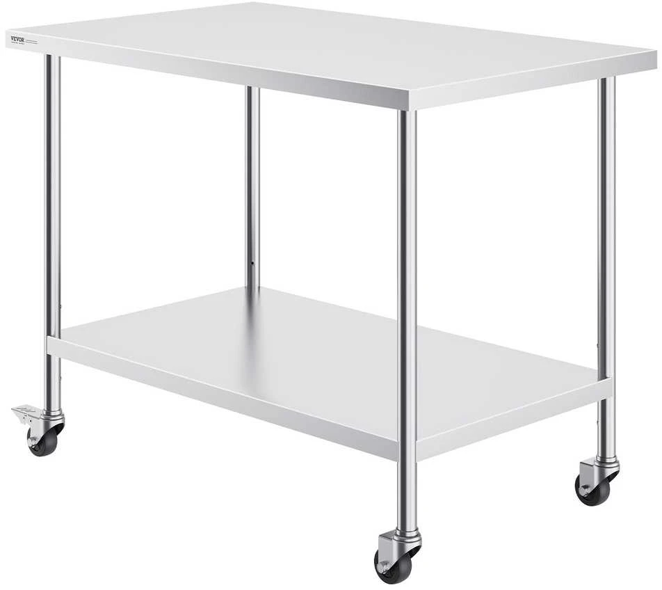 Nerūdijančio plieno darbo stalas 76.2 x 121.9 cm, 4 ratukai, reguliuojamas aukštis, komercinis maisto ruošimo stalas, virtuvės stalas, gamybos stalas