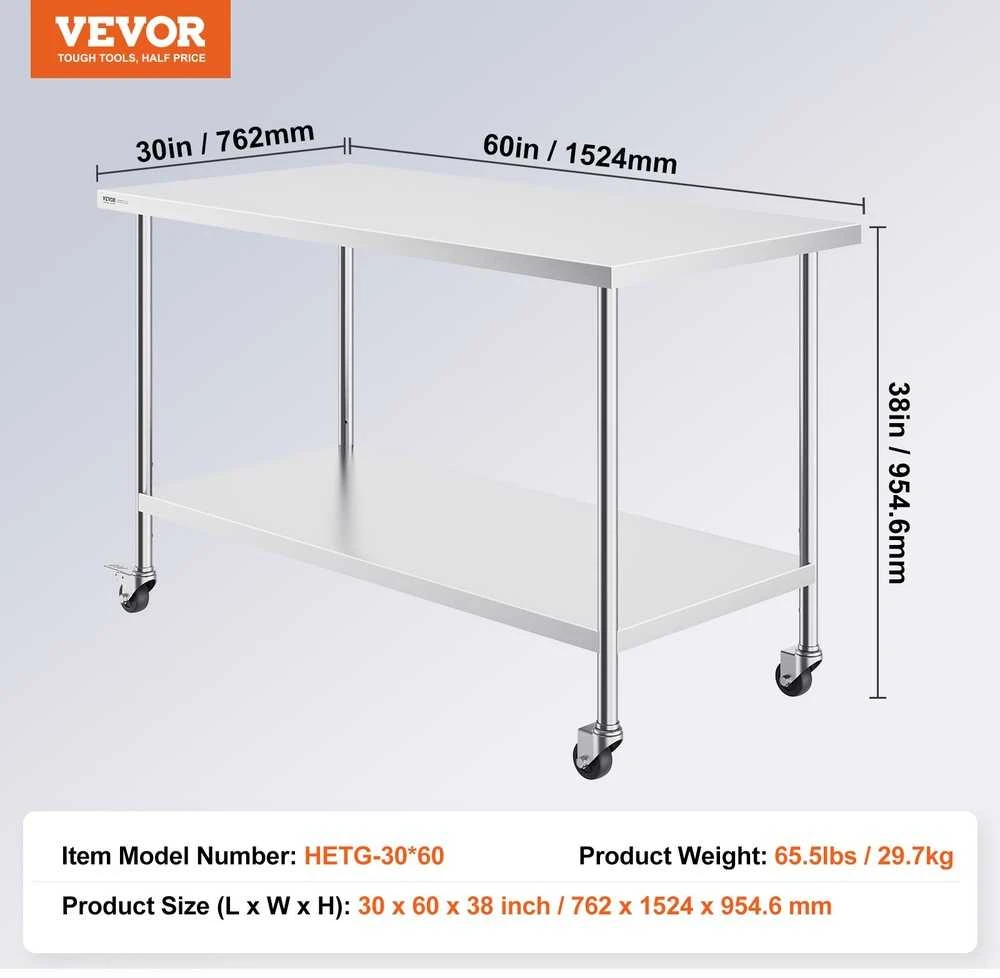Nerūdijančio plieno darbo stalas 76.2 x 152.4 cm (30 x 60 colių), reguliuojamo aukščio, su 4 ratukais, komercinis maisto ruošimo stalas, virtuvės darbastalis, nerūdijančio plieno stalviršis