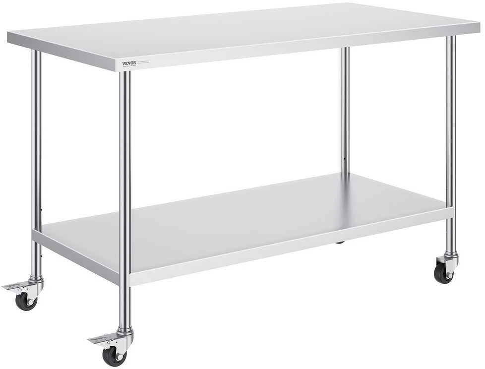 Nerūdijančio plieno darbo stalas 76.2 x 152.4 cm (30 x 60 colių), reguliuojamo aukščio, su 4 ratukais, komercinis maisto ruošimo stalas, virtuvės darbastalis, nerūdijančio plieno stalviršis
