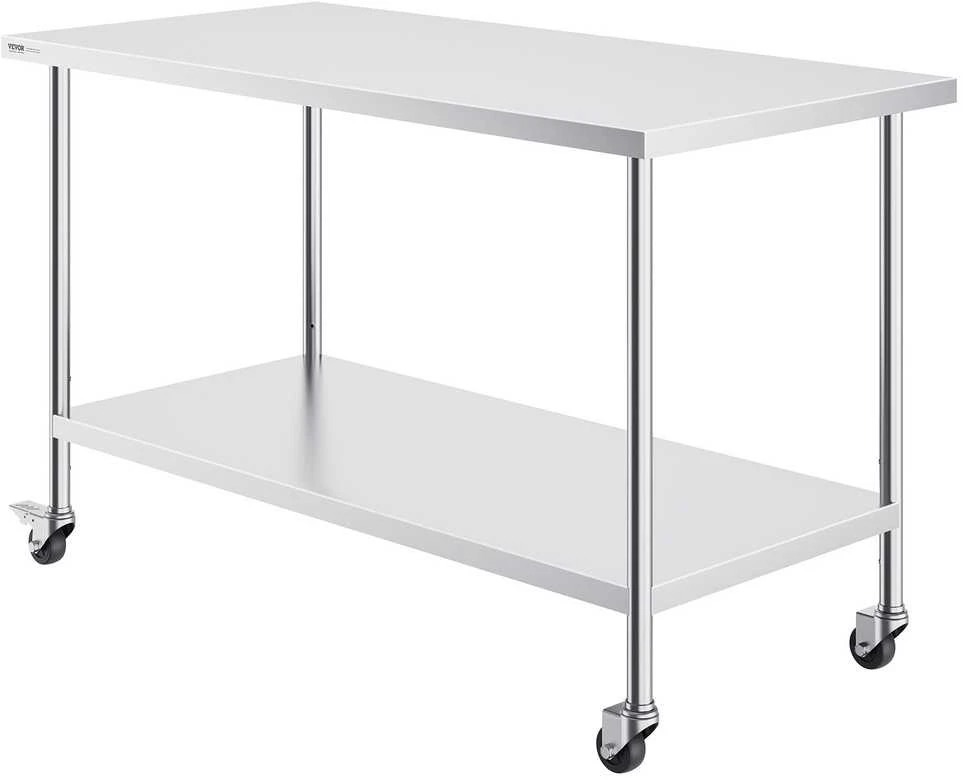 Nerūdijančio plieno darbo stalas 76.2 x 152.4 cm (30 x 60 colių), reguliuojamo aukščio, su 4 ratukais, komercinis maisto ruošimo stalas, virtuvės darbastalis, nerūdijančio plieno stalviršis