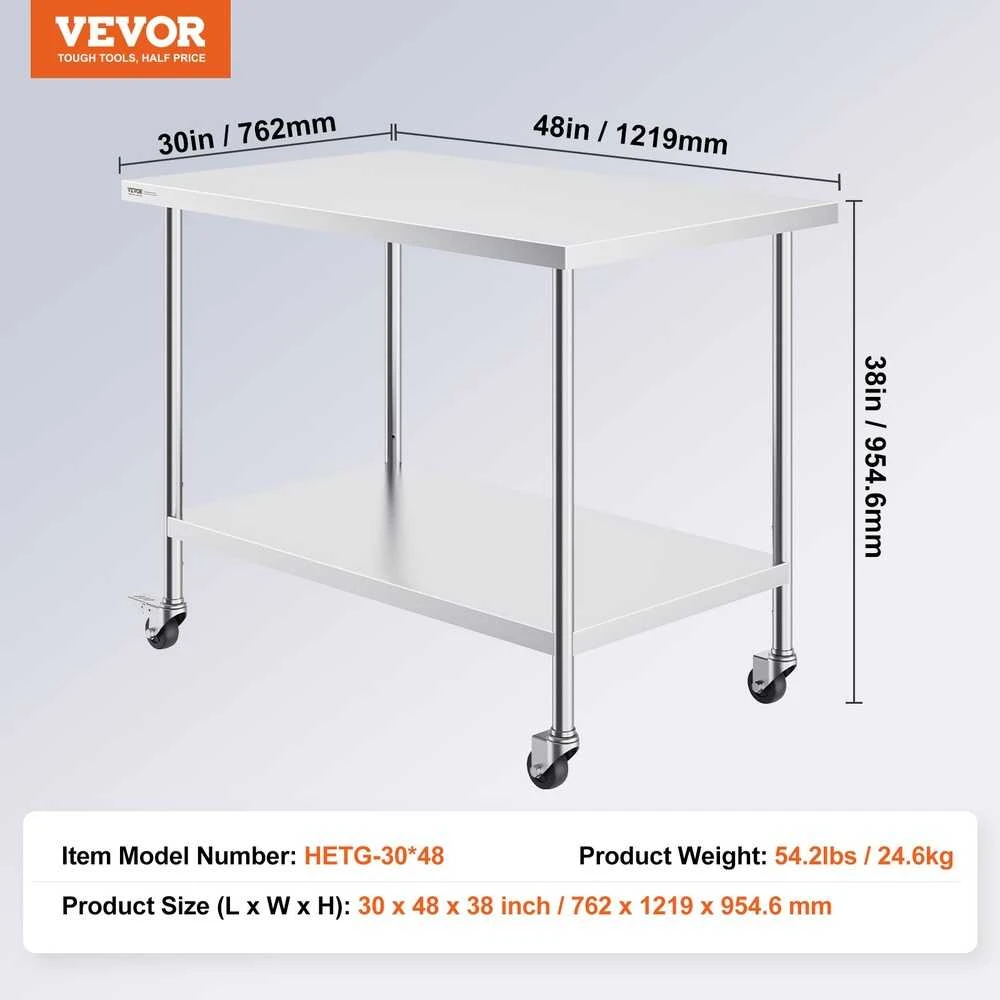Nerūdijančio plieno darbo stalas 76.2 x 121.9 cm, 4 ratukai, reguliuojamas aukštis, komercinis maisto ruošimo stalas, virtuvės stalas, gamybos stalas