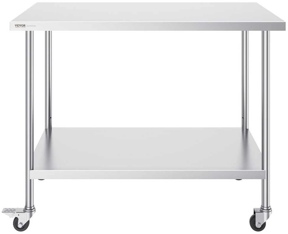 Nerūdijančio plieno darbo stalas 76.2 x 152.4 cm (30 x 60 colių), reguliuojamo aukščio, su 4 ratukais, komercinis maisto ruošimo stalas, virtuvės darbastalis, nerūdijančio plieno stalviršis