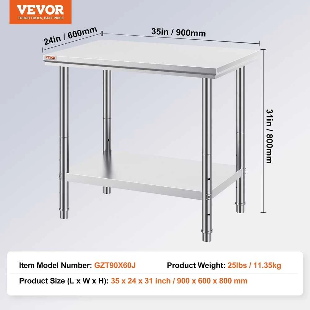Nerūdijančio plieno darbo stalas komercinei virtuvei 900x600x800 mm, reguliuojama lentyna, maisto ruošimo stalviršis, restorano stalas