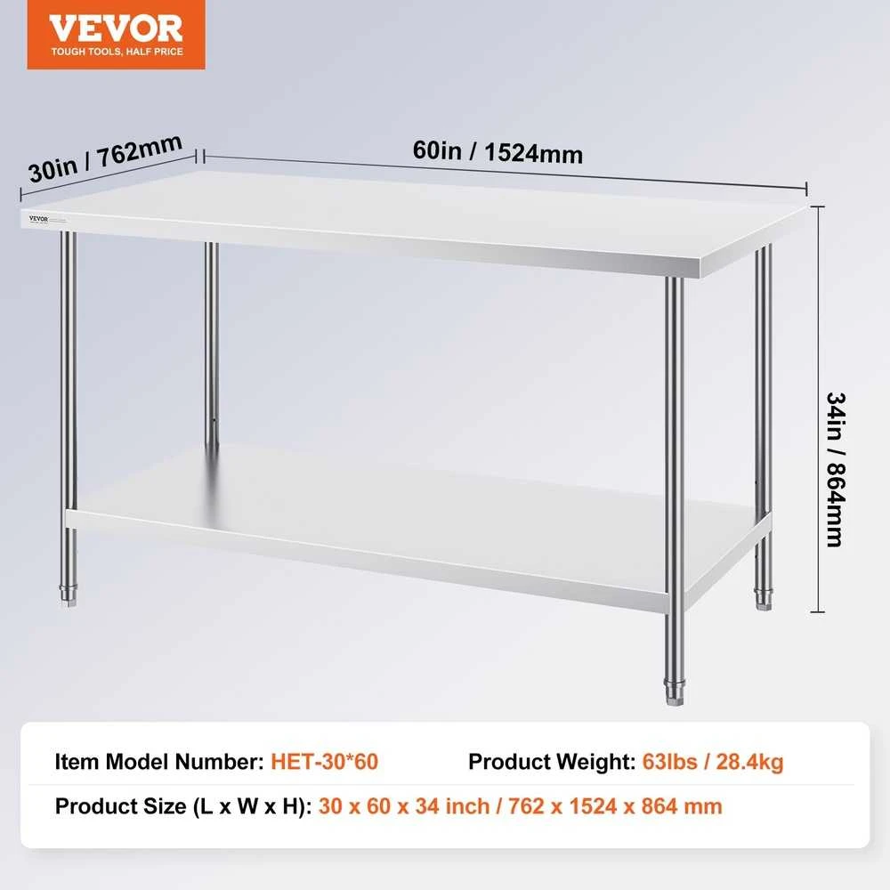 Nerūdijančio plieno darbo stalas maisto ruošimui 762x1524x864 mm, komercinis stalas, virtuvės darbastalis, maisto gamybos stalas, restorano stalas