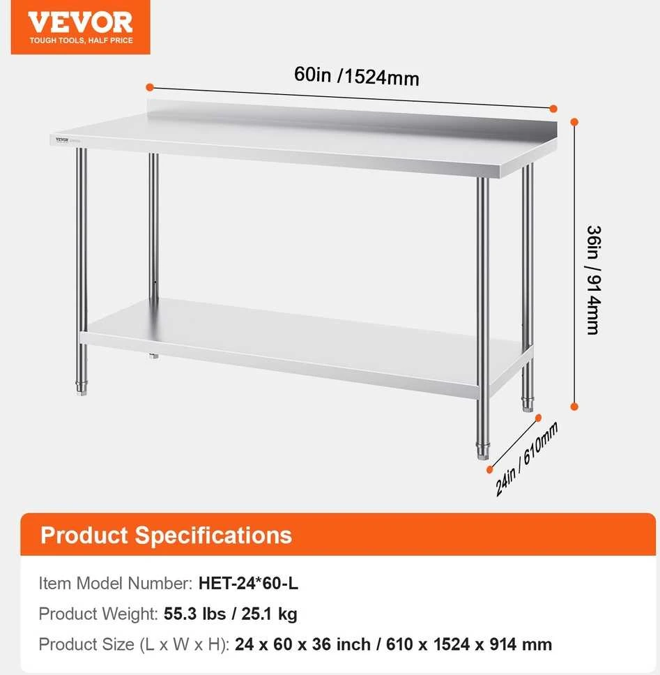 VEVOR Nerūdijančio plieno darbastalis virtuvei 61x152cm