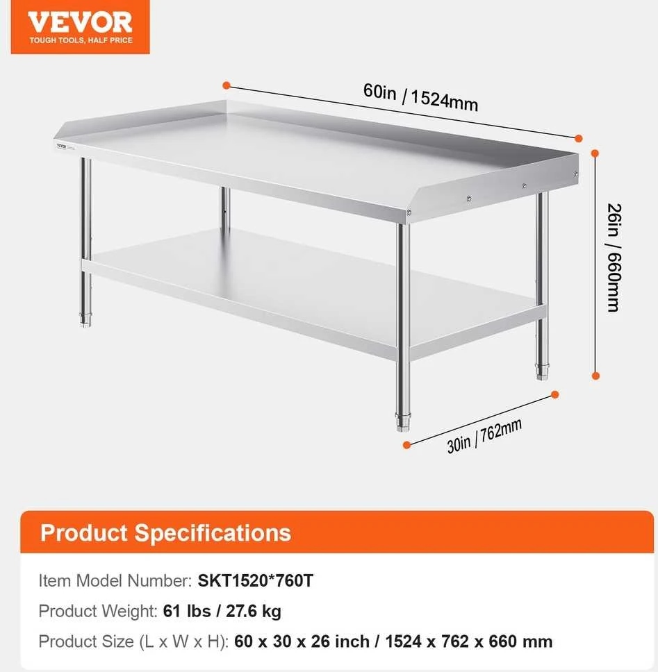 VEVOR Nerūdijančio plieno darbo stalas 76 x 152 cm