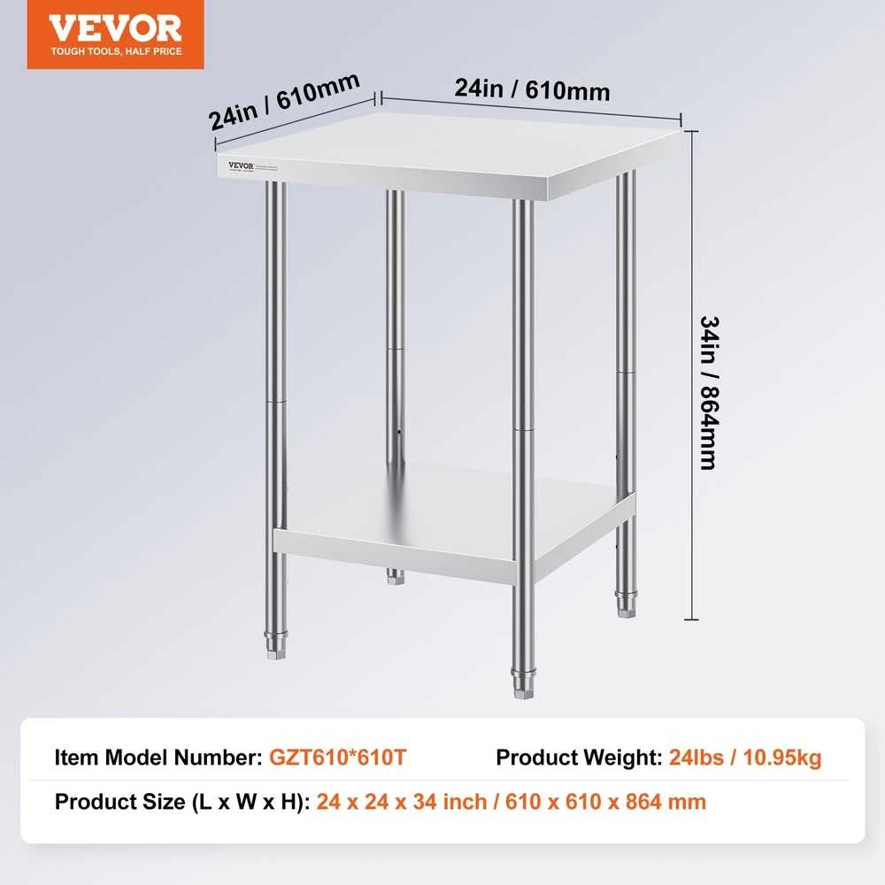 VEVOR Nerūdijančio plieno darbo stalas 61x61x86 cm