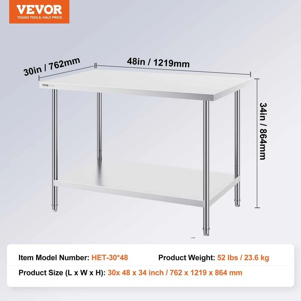 VEVOR Nerūdijančio plieno darbastalio stalas 76x121 cm