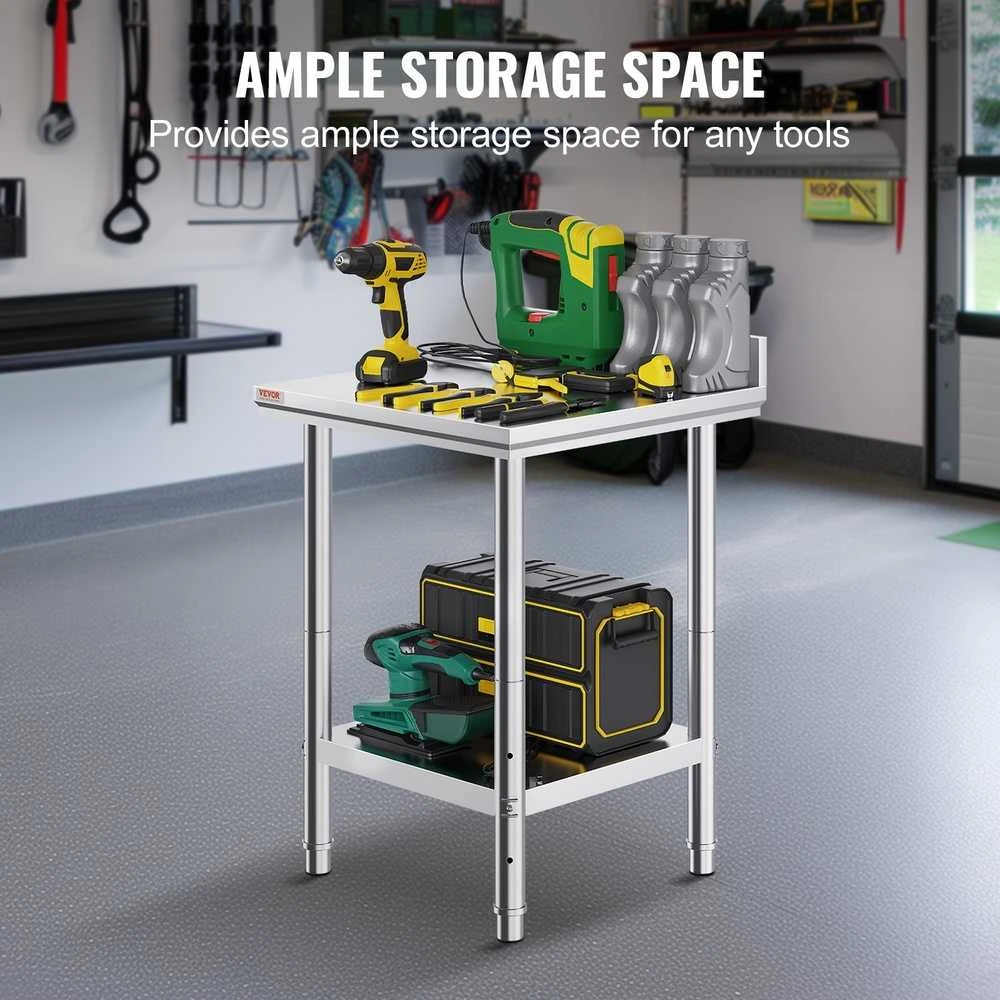 Nerūdijančio plieno darbo stalas, Reguliuojama lentyna, Tvirta konstrukcija