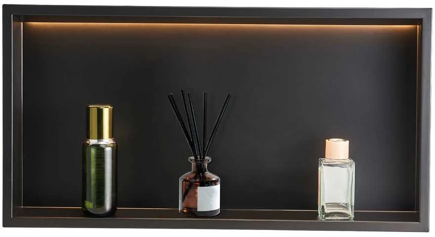 Nerūdijančio plieno dušo niša su LED, juoda, 33x63.5 cm, vonios lentyna, šampūnų laikiklis, įleidžiama lentynėlė, vandeniui atspari