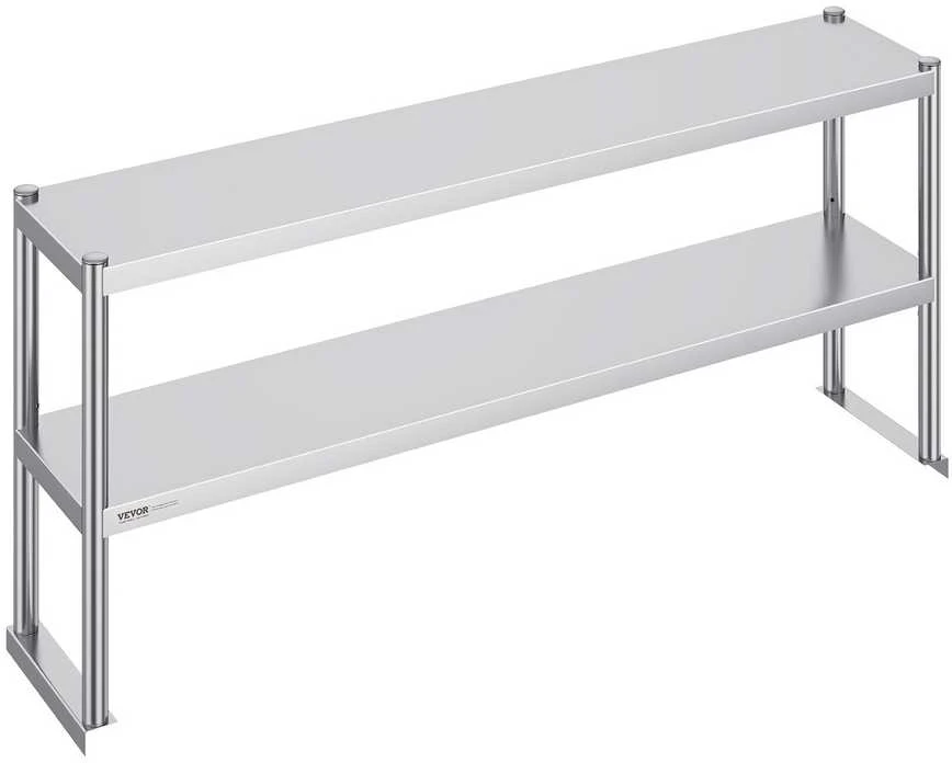 Nerūdijančio plieno dviejų aukštų lentyna virš stalviršio, reguliuojamas virtuvės organizatorius 305 x 1524 mm, dviejų pakopų prieskonių lentynėlė, darbastalio lentyna