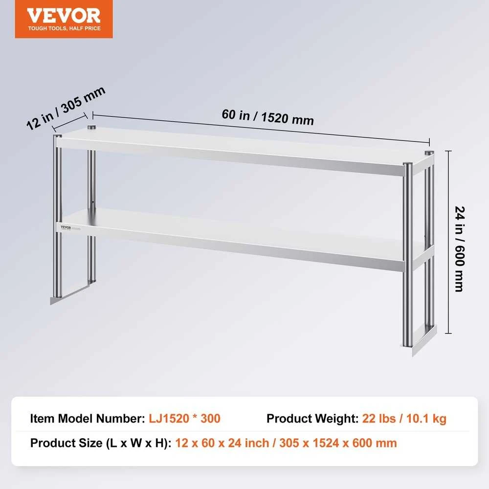 Nerūdijančio plieno dviejų aukštų lentyna virš stalviršio, reguliuojamas virtuvės organizatorius 305 x 1524 mm, dviejų pakopų prieskonių lentynėlė, darbastalio lentyna