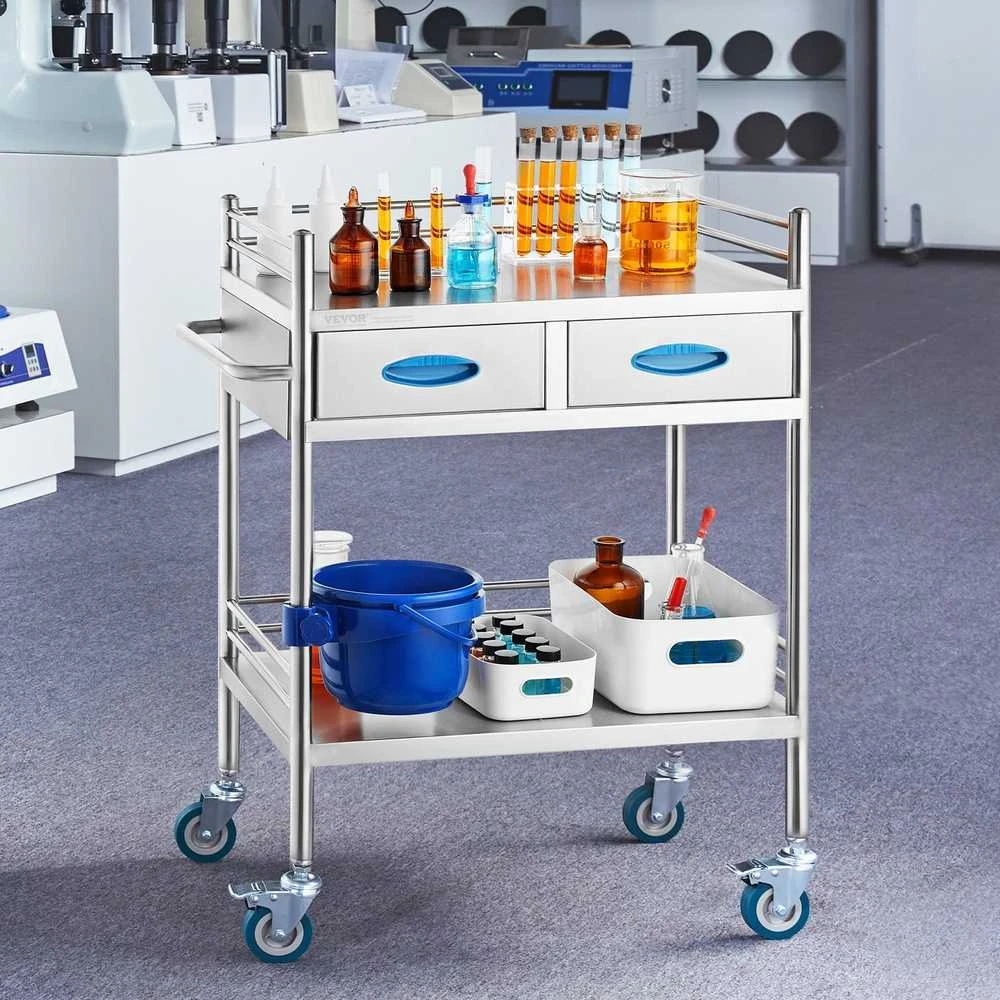 Nerūdijančio plieno laboratorinis vežimėlis, 2 lentynos, su stalčiais ir užrakinamais ratukais