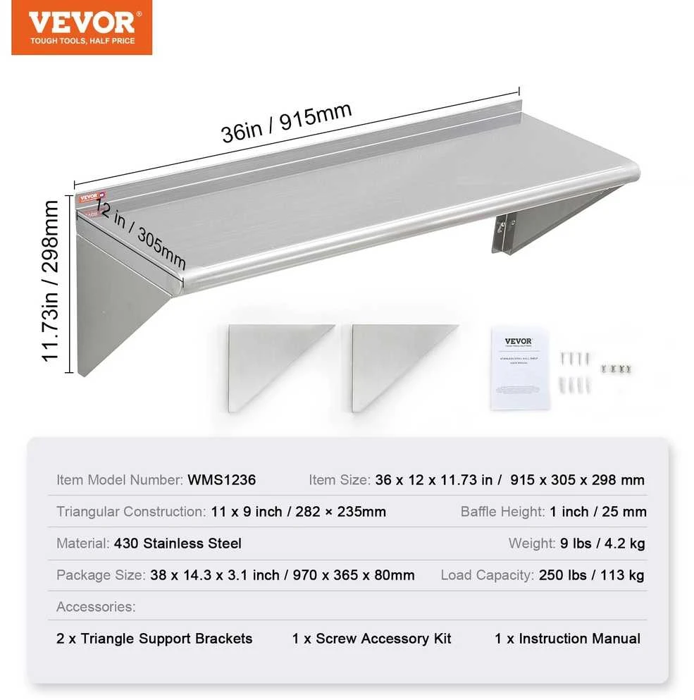 VEVOR 91 cm x 30 cm nerūdijančio plieno lentyna