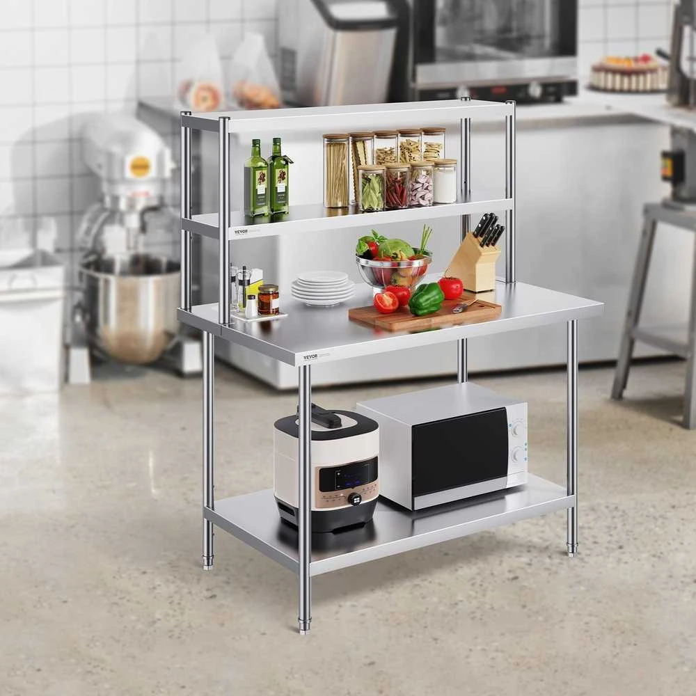 Nerūdijančio plieno lentyna, 2 aukštų paruošimo stalas, 1220 x 480 mm, komercinės virtuvės stelažas, nerūdijančio plieno darbo stalas, virtuvės įranga, restorano stalas