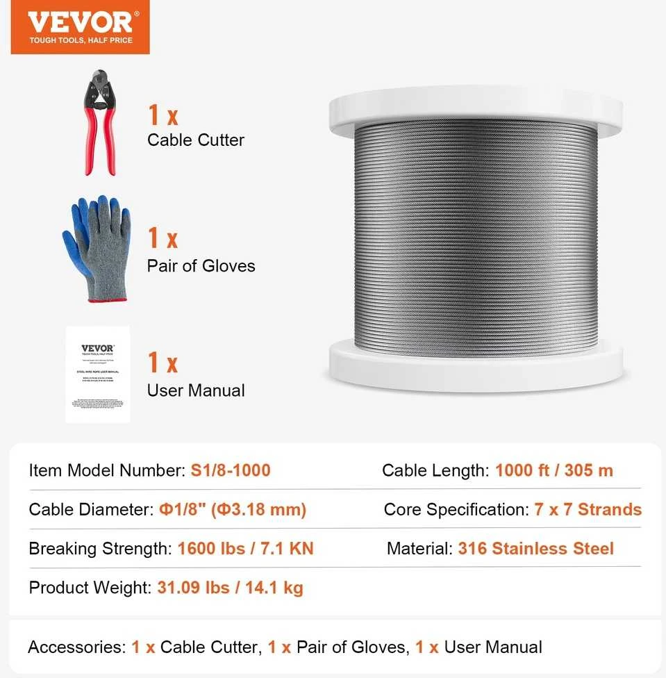 VEVOR Nerūdijančio plieno trosas 1/8" 1000 pėdų