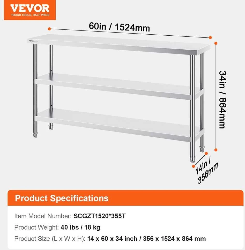 Nerūdijančio plieno maisto ruošimo stalas 356x1524x864mm, komercinis, virtuvės, metalinis, 14x60 colių, darbastalis, gamybos stalas