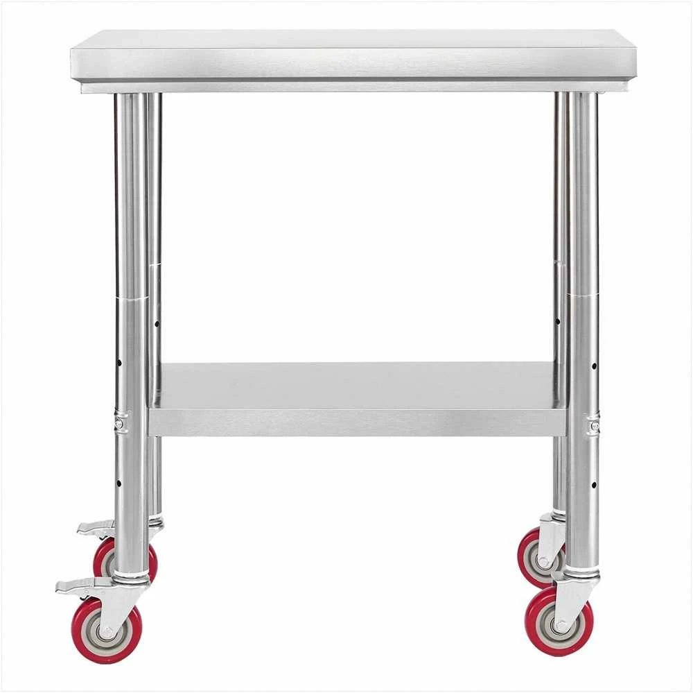 Nerūdijančio plieno maisto ruošimo stalas su ratukais ir reguliuojama lentyna komercinei virtuvei, restoranui, garažui, metalinis pramoninis darbo stalas 760x600x850 mm