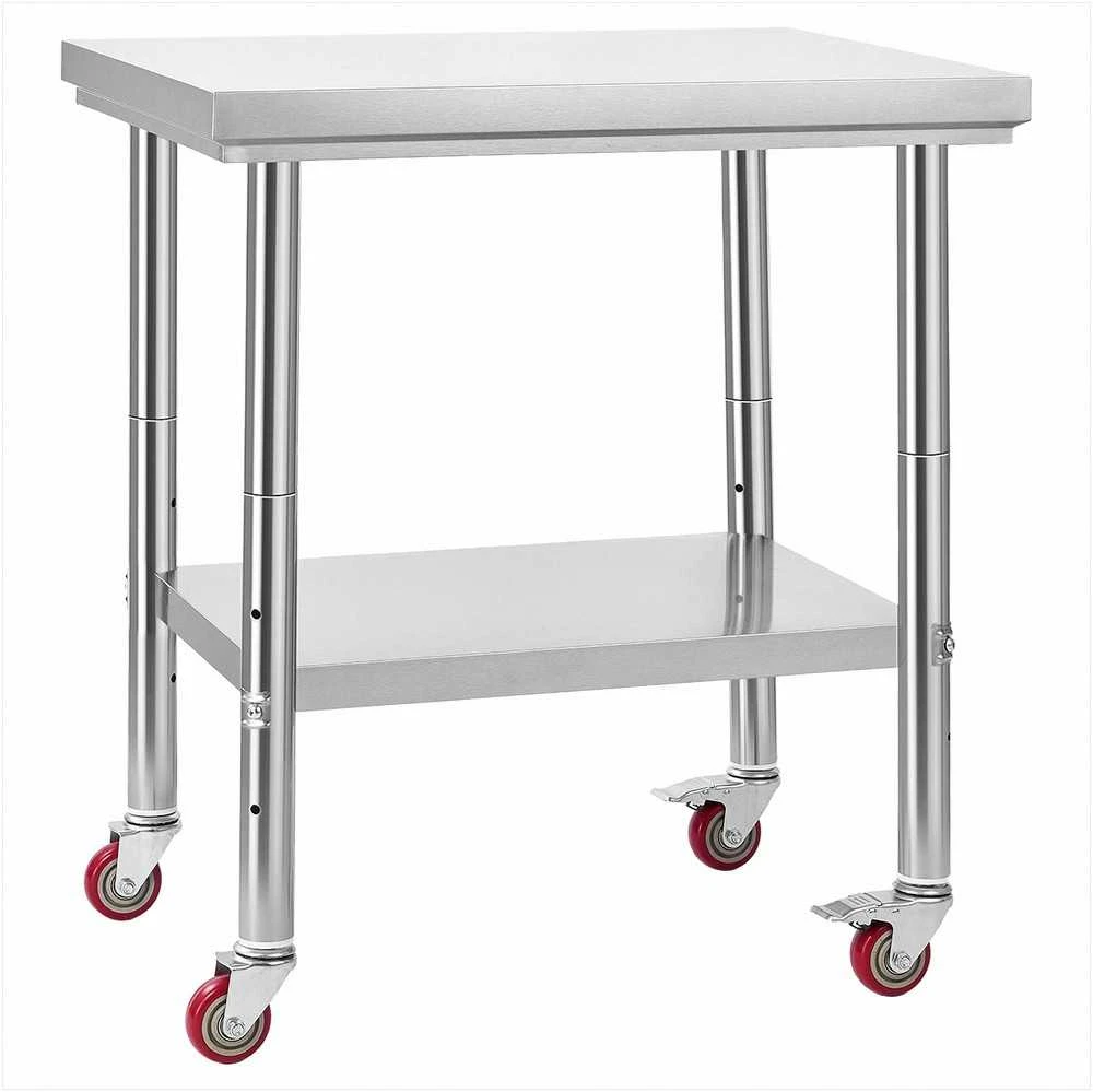 Nerūdijančio plieno maisto ruošimo stalas su ratukais ir reguliuojama lentyna komercinei virtuvei, restoranui, garažui, metalinis pramoninis darbo stalas 760x600x850 mm