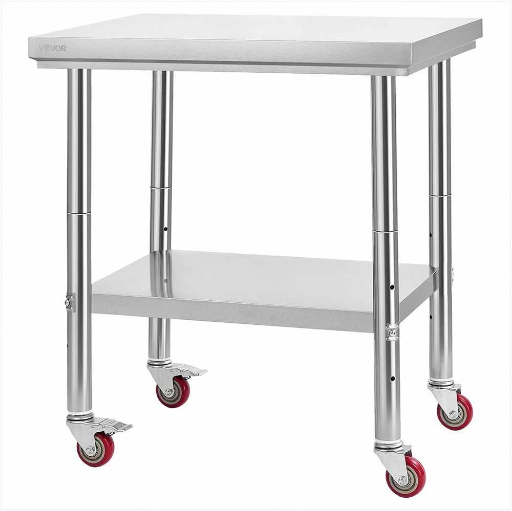 Nerūdijančio plieno maisto ruošimo stalas su ratukais ir reguliuojama lentyna komercinei virtuvei, restoranui, garažui, metalinis pramoninis darbo stalas 760x600x850 mm