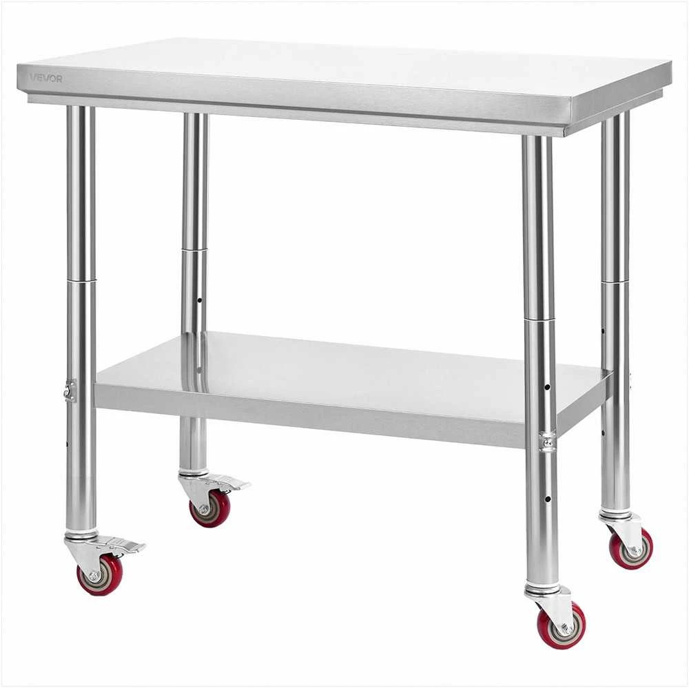 Nerūdijančio plieno maisto ruošimo stalas su ratais, reguliuojama lentyna, komercinei virtuvei restoranui viešbučiui garažui, 90 x 60 cm virtuvinis stalas, darbo stalas, metalinis baldų paviršius
