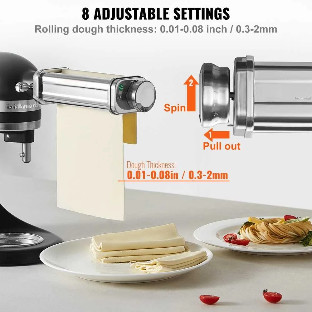 Nerūdijančio plieno makaronų gaminimo priedas KitchenAid, tešlos volelis, pjaustyklė, spagečių ir fettuccine gamintojas, reguliuojamo storio, naminių makaronų mašina