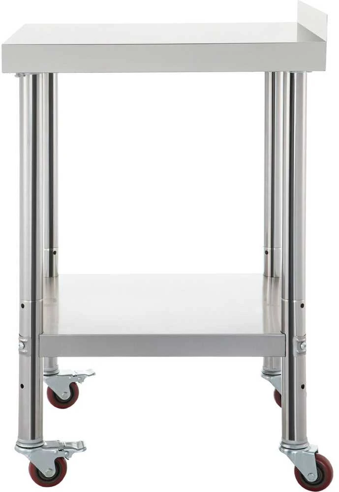 Nerūdijančio plieno paruošimo stalas, 91.4 x 61 x 89 cm, tvirtas metalinis darbo stalas virtuvei restoranui, su galine sienele, reguliuojama apatine lentyna ir 4 ratukais, komercinė darbo vieta