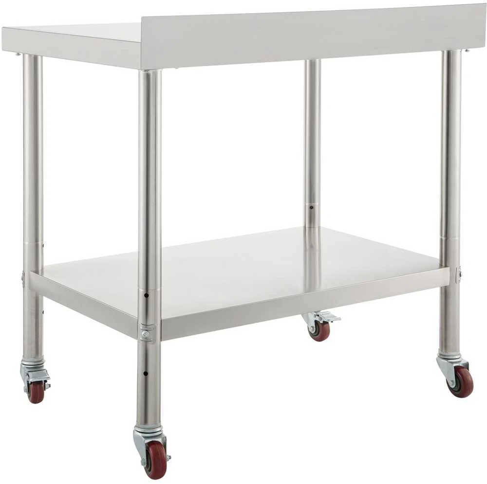 Nerūdijančio plieno paruošimo stalas, 91.4 x 61 x 89 cm, tvirtas metalinis darbo stalas virtuvei restoranui, su galine sienele, reguliuojama apatine lentyna ir 4 ratukais, komercinė darbo vieta