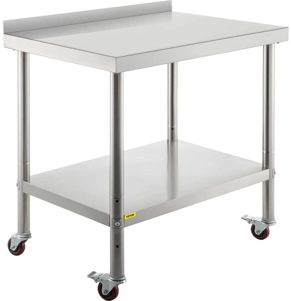 Nerūdijančio plieno paruošimo stalas virtuvei restoranui, 76,2 x 61 x 89 cm, tvirtas metalinis darbo stalas su užpakaline sienele, reguliuojama apatine lentyna ir ratukais, komercinė darbo vieta