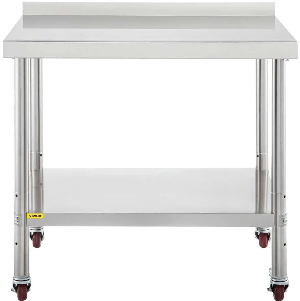 Nerūdijančio plieno paruošimo stalas virtuvei restoranui, 76,2 x 61 x 89 cm, tvirtas metalinis darbo stalas su užpakaline sienele, reguliuojama apatine lentyna ir ratukais, komercinė darbo vieta