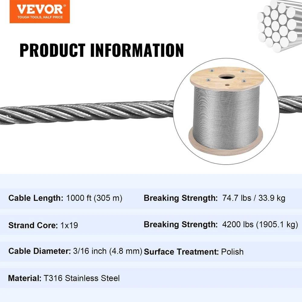 VEVOR T316 nerūdijančio plieno kabelis 3/16"x 305 m