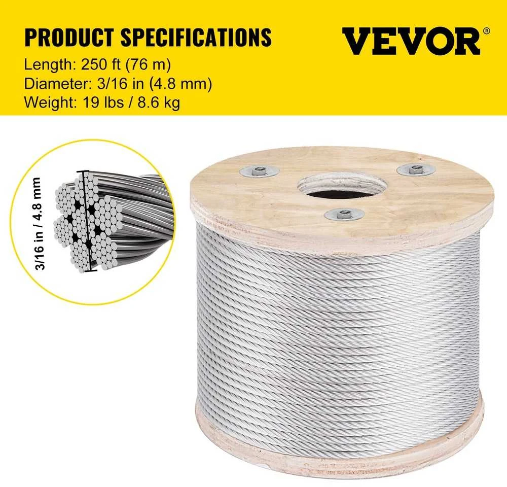 Nerūdijančio plieno trosas turėklams 4.8 mm, 7x19, 76 m, deniui, balkonui, laiptams
