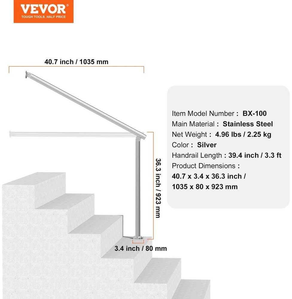 VEVOR Lauko turėklai 100 cm iš nerūdijančio plieno