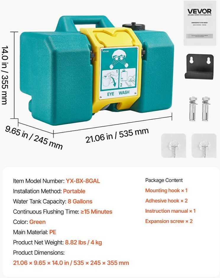 Nešiojama akių plovimo stotelė, 30.28 l, ANSI Z358.1-2014, avarinė akių plovimo stotelė statyboms, laboratorijoms, gamykloms, mokykloms, dvigubo