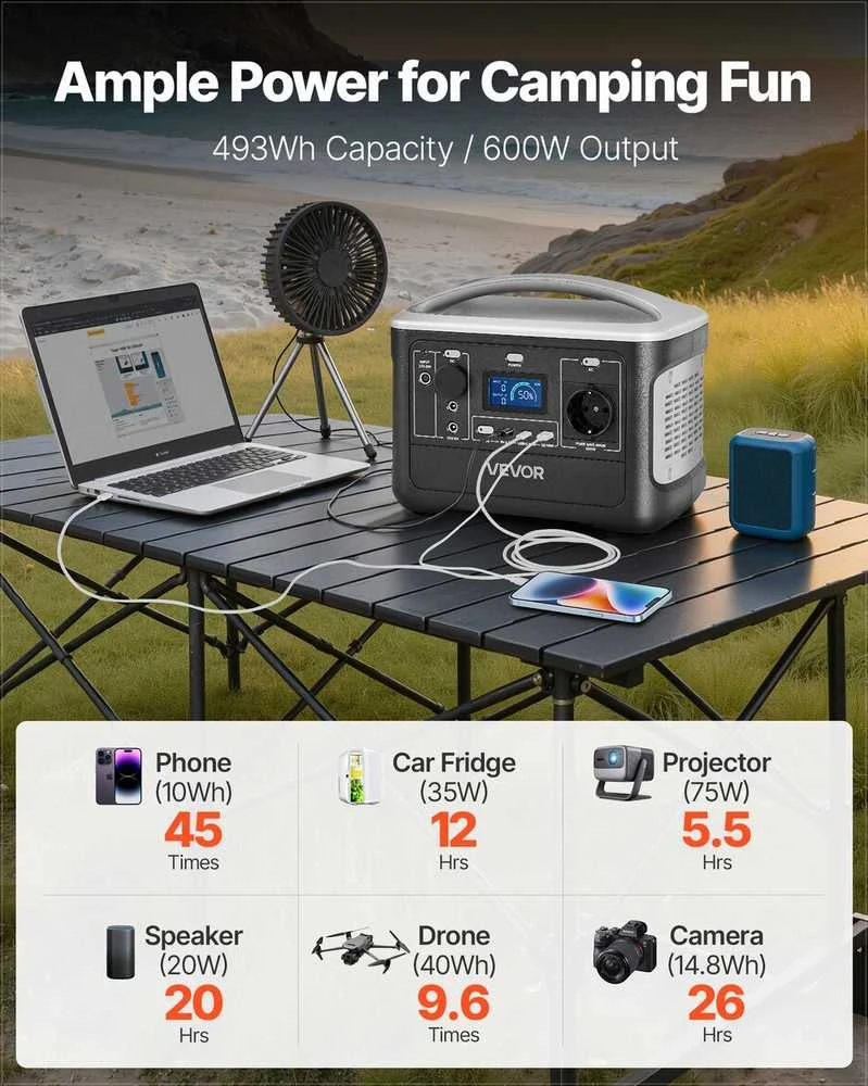 VEVOR Nešiojama 600W elektros stotis su LiFePO4 akumuliatoriumi