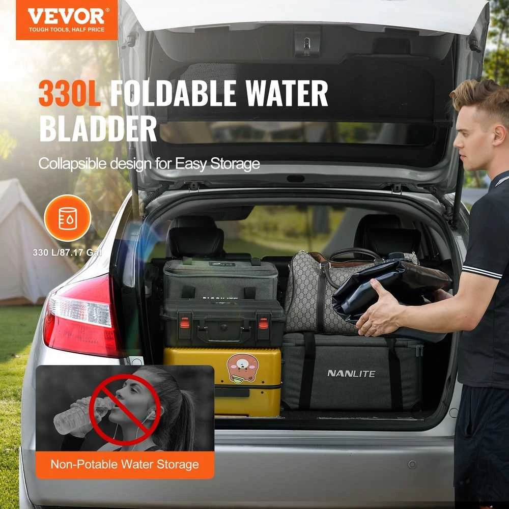 Vevor Nešiojama vandens talpykla 330 l, sulankstoma PVC vandens bakas, juoda vandens cisterna, lietaus vandens surinkimo sistema