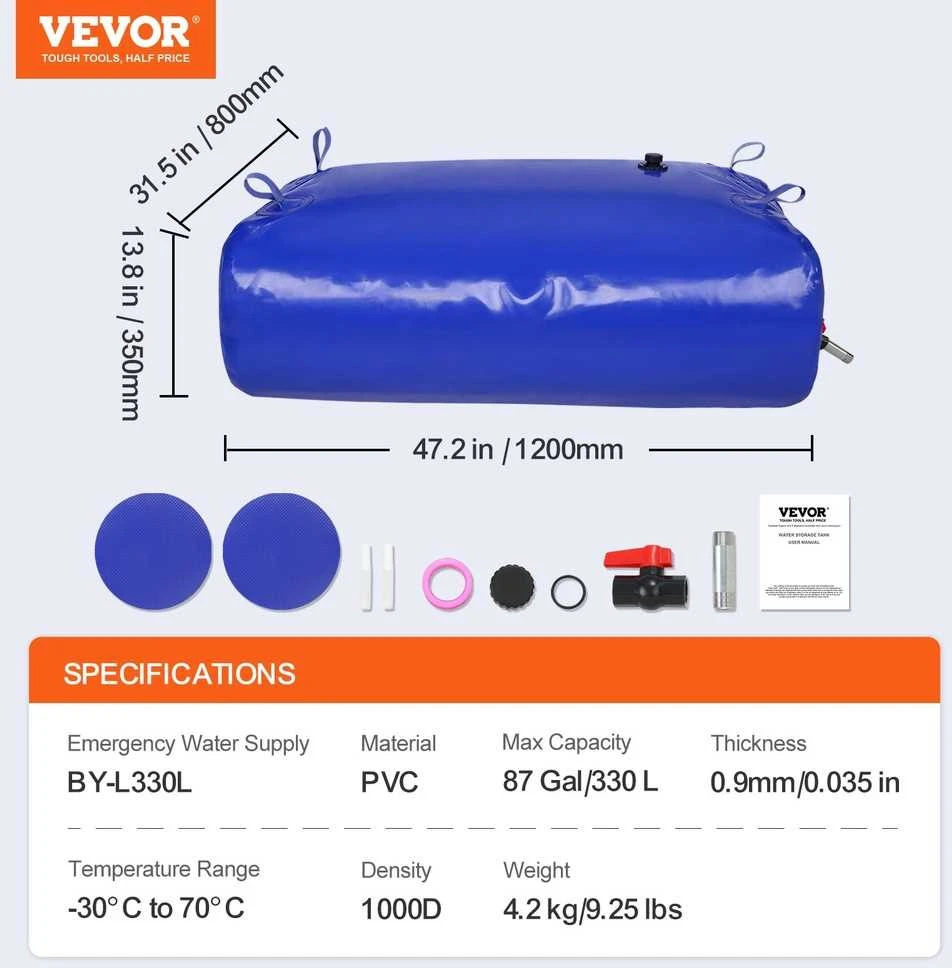 VEVOR Nešiojama vandens talpykla, 330 litrų, sulankstoma, 1000D PVC