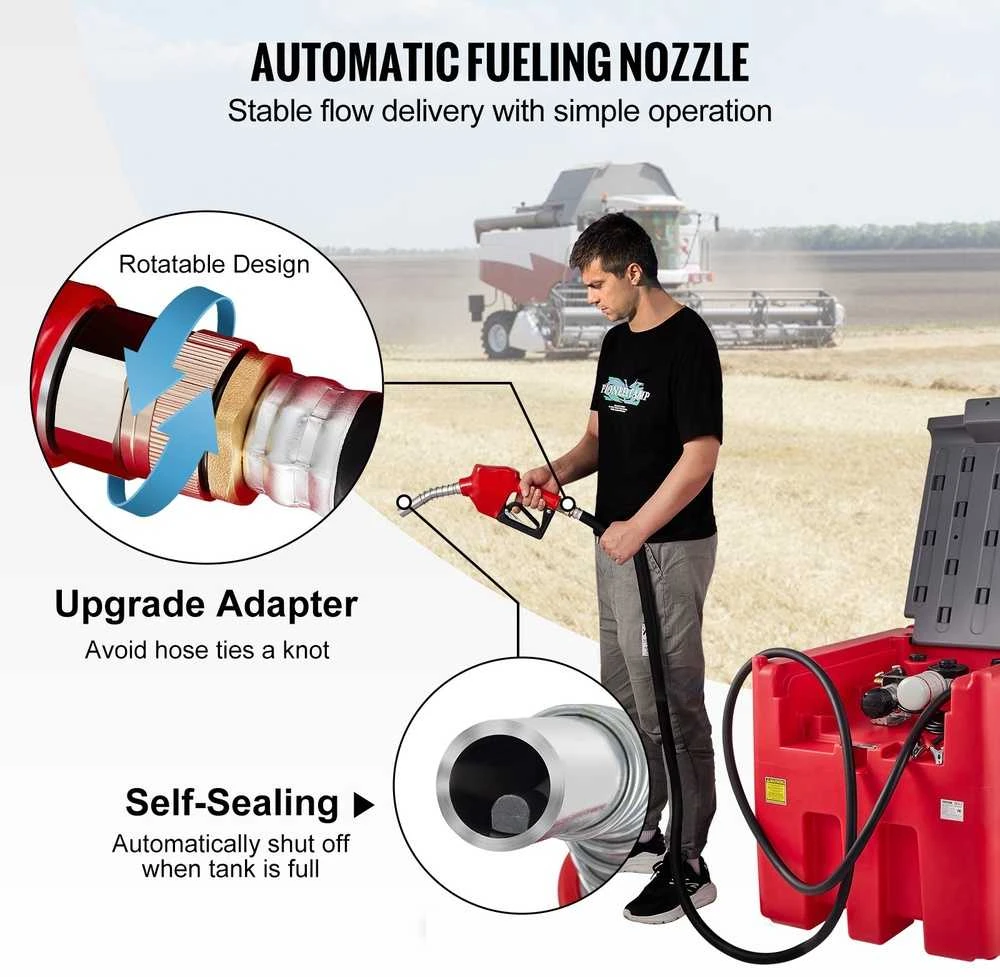 Nešiojamas dyzelino bakas, 439.1 l, 37.85 l/min, 12 V siurblys, 4 m žarna, raudonas, dyzelinio kuro talpa, transportavimo bakas
