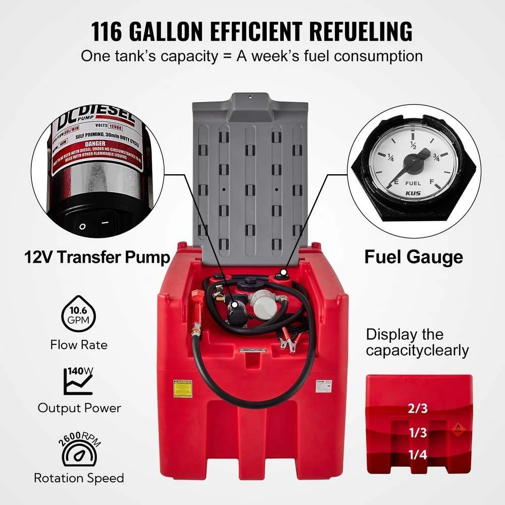 Nešiojamas dyzelino bakas, 439.1 l, 37.85 l/min, 12 V siurblys, 4 m žarna, raudonas, dyzelinio kuro talpa, transportavimo bakas