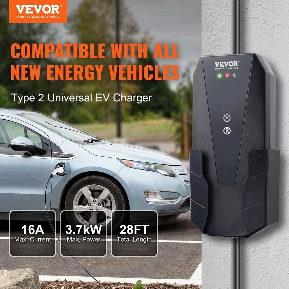 Nešiojamas elektromobilių įkroviklis, 16A, 3,7 kW, 8,6 m laidas, IP66