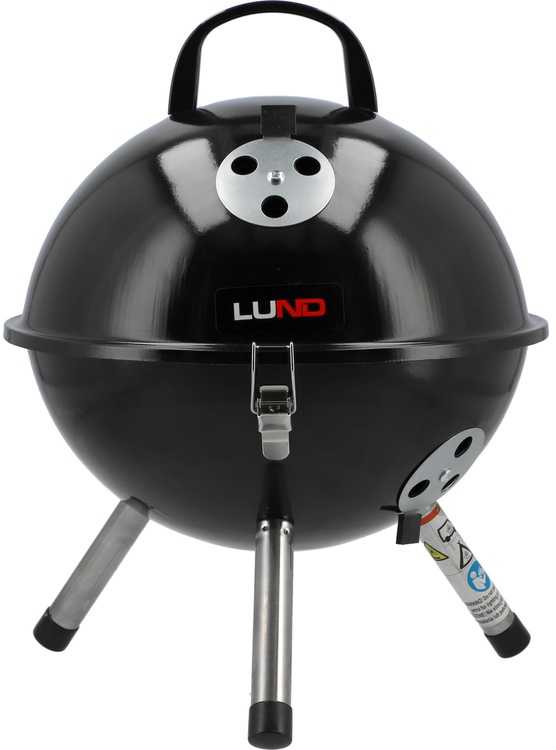 Lund Nešiojamas grilis su anglimis, su 32 cm grotelėmis, apvalios formos, juodas BBQ stovyklavimui