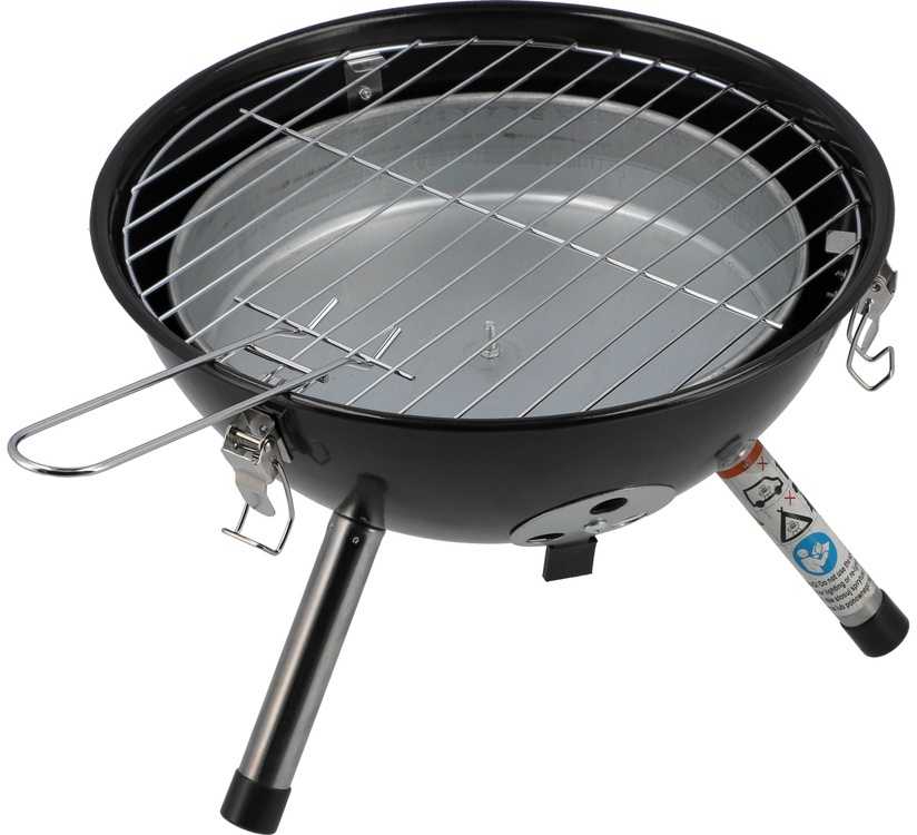 Lund Nešiojamas grilis su anglimis, su 32 cm grotelėmis, apvalios formos, juodas BBQ stovyklavimui