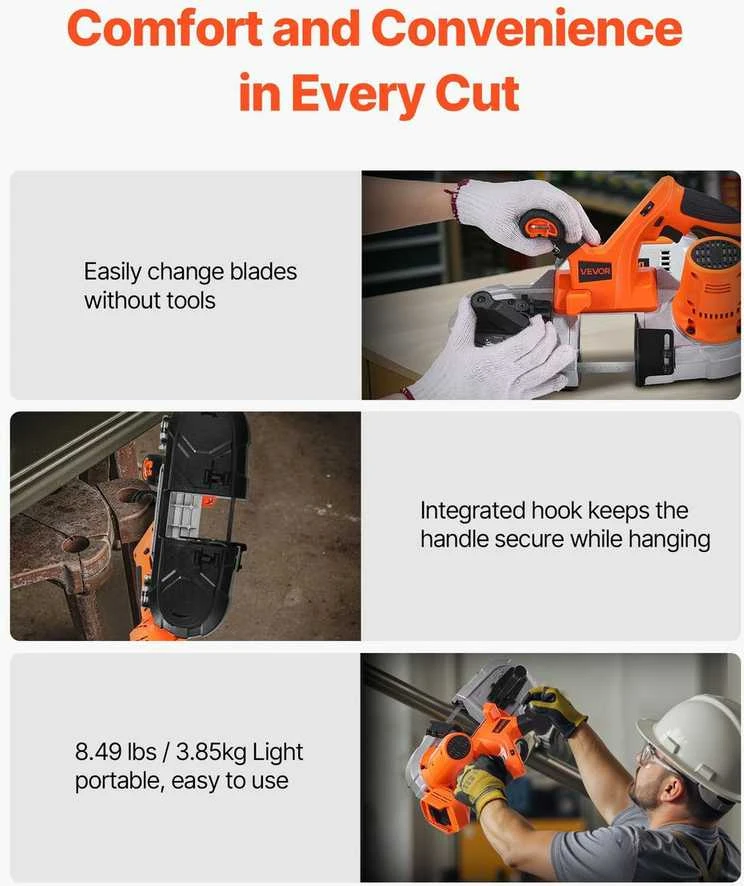 Nešiojamas juostinis pjūklas, 65 mm gylis, 360W belaidis metalo ir medienos pjūklas, kompaktiškas portabandas plienui, aliuminiui, PVC, su kintamu greičiu ir LED šviesa