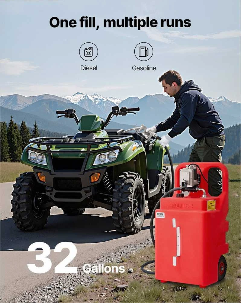 Nešiojamas kuro bakas, 121 litrų talpa, su 12V elektriniu siurbliu ir rankiniu pistoletu, motorinėms valtims ir keturračiams, dyzelino ir benzino talpa, kuro perpylimo stotelė