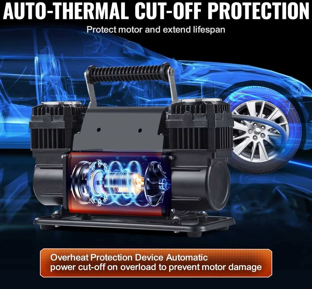 Nešiojamas Padangų Pripūtiklis, Dvigubo Cilindro Kompresorius 12V 150 PSI Automobiliams, Kemperiams, Dviračiams, Kamuoliams, Greitas Pripūtimas