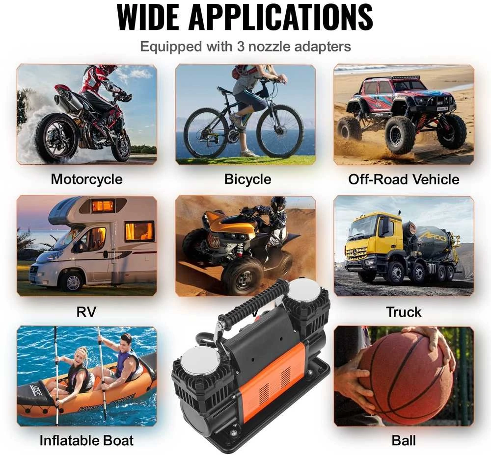 Nešiojamas Padangų Pripūtiklis, Dvigubo Cilindro Kompresorius 12V 150 PSI Automobiliams, Kemperiams, Dviračiams, Kamuoliams, Greitas Pripūtimas